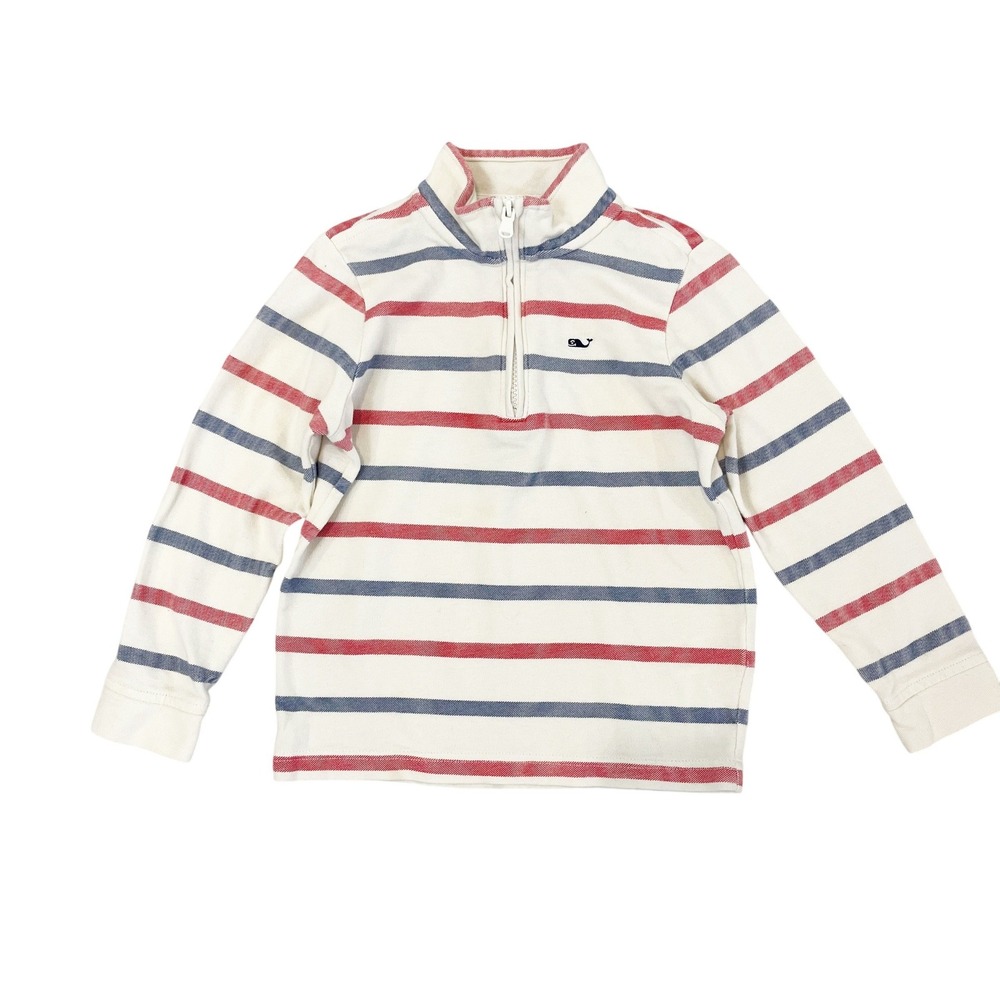 Vineyard Vines Boys Size 5 Quarter Zip Pullover Striped Cotton Shirt Red Blue